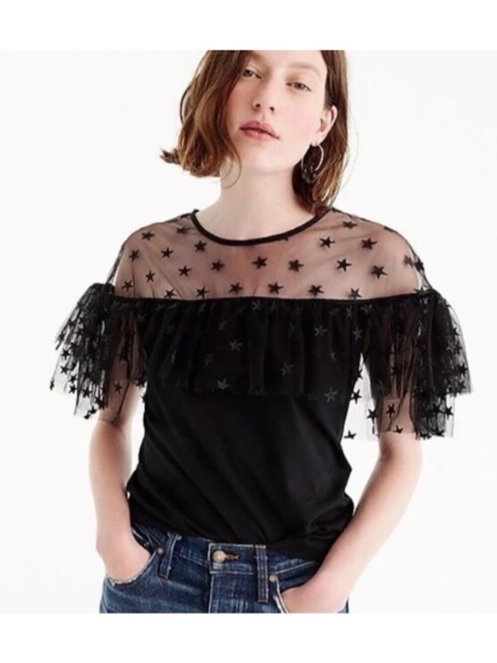 NWT J.CREW Womens Sz XXS Blouse Shirt  Star  Tulle Black Sheer Ruffle Glam